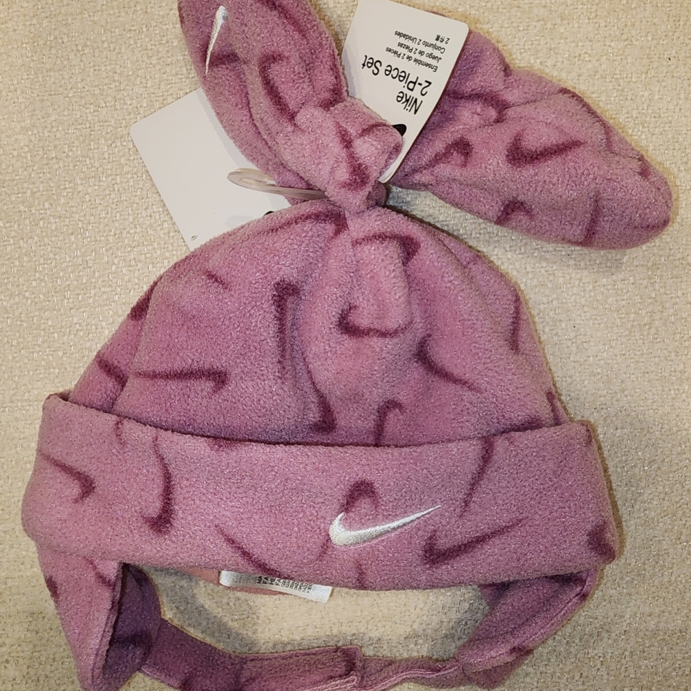 Nike Kids Pink Fleece Earflap Hat with Knot Top and Swoosh